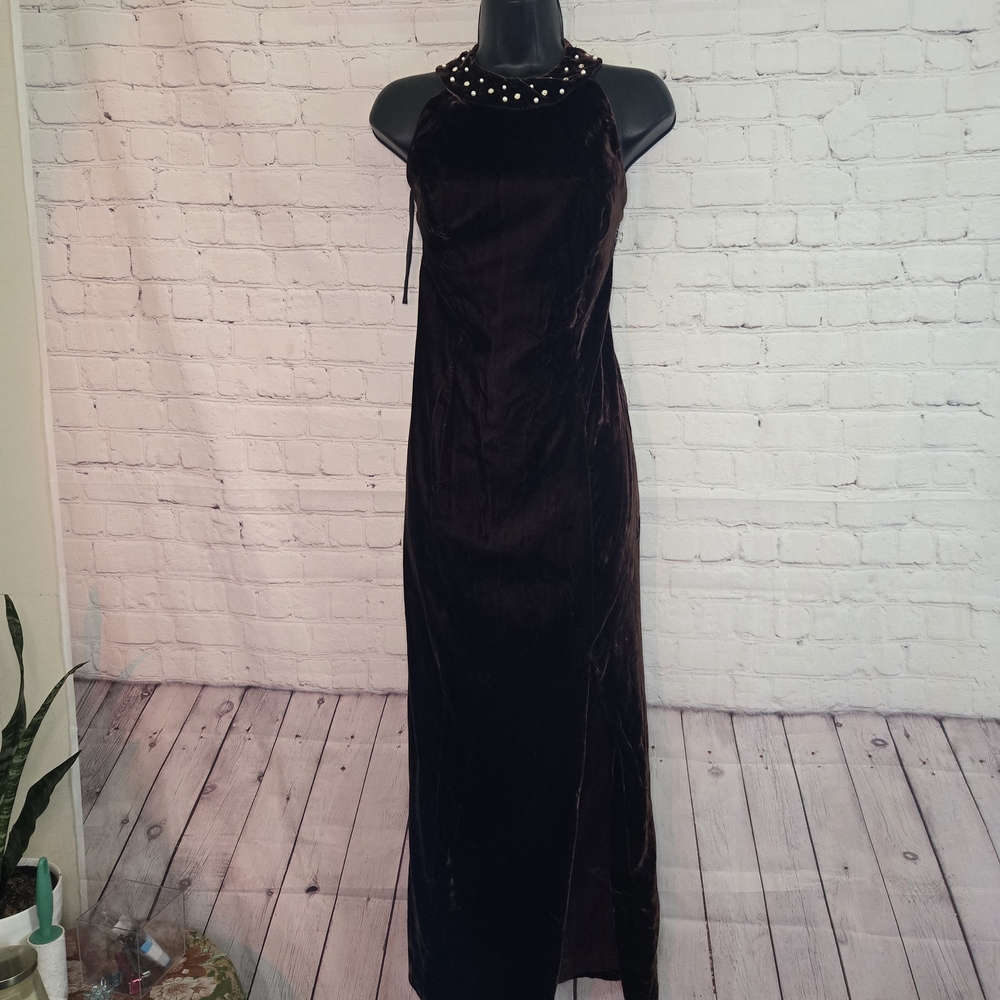 80s union tag‎ brown chocolate velvet halter formal dress jeweled neck sz sm